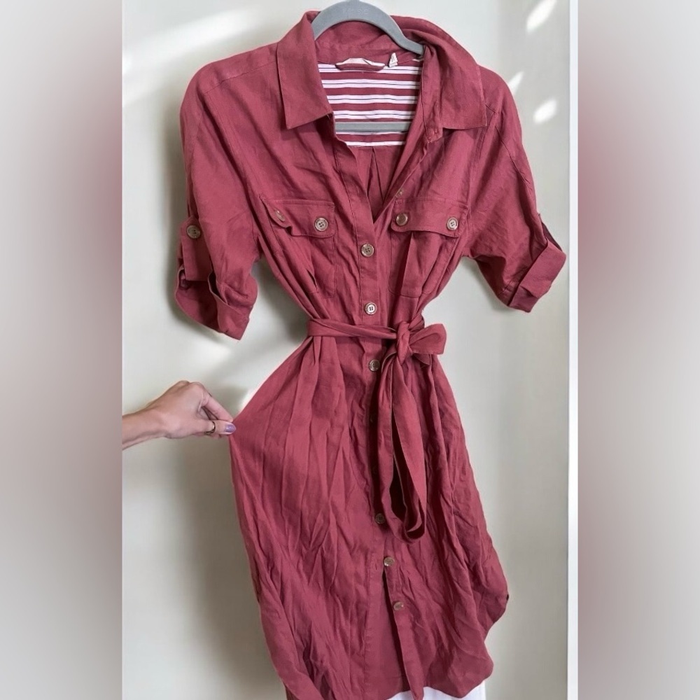 Soft Surroundings Fontana Linen Blend Belted Button Up Midi Dress Size Medium